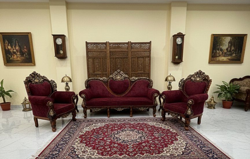 Royal Carved Wooden Sofa Set – Maroon Velvet Upholstery (3+1+1 Seater)